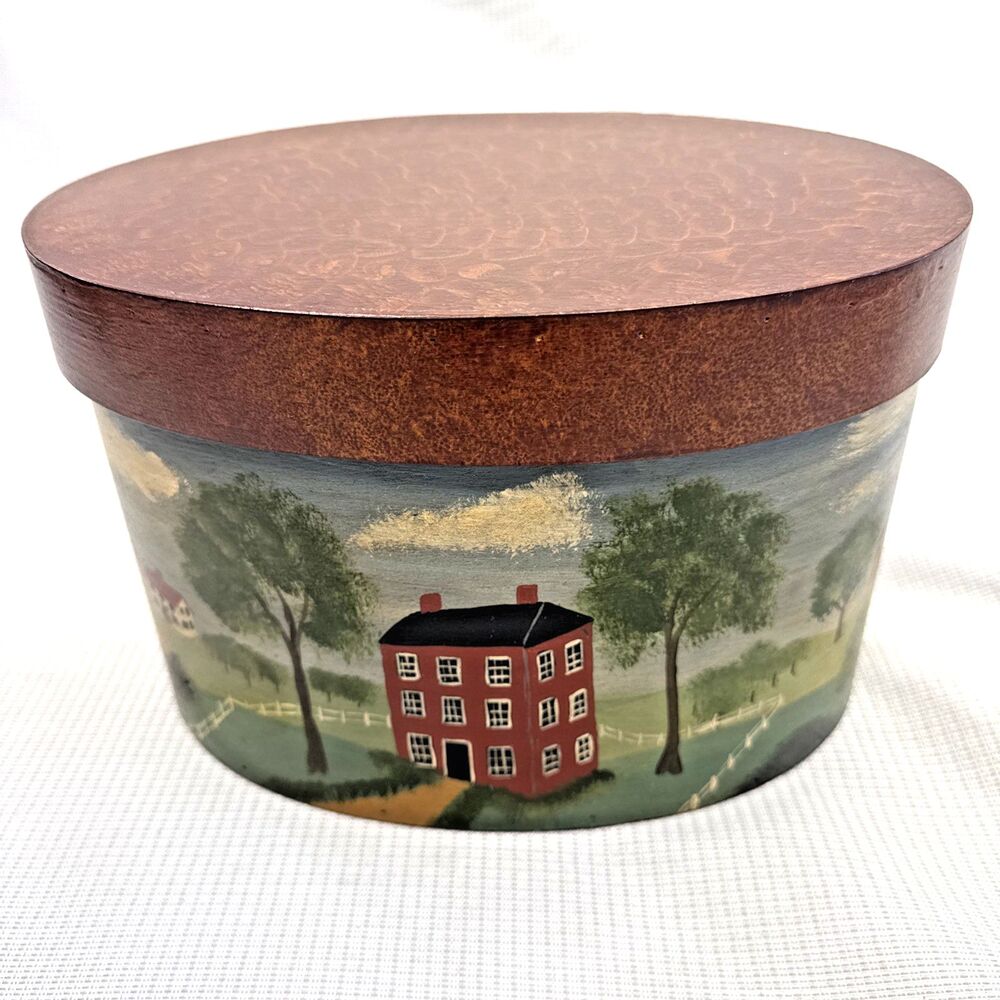 Vintage Hand Painted Oval Wood Box Cottage Barn Folk Art House Wooden Decor